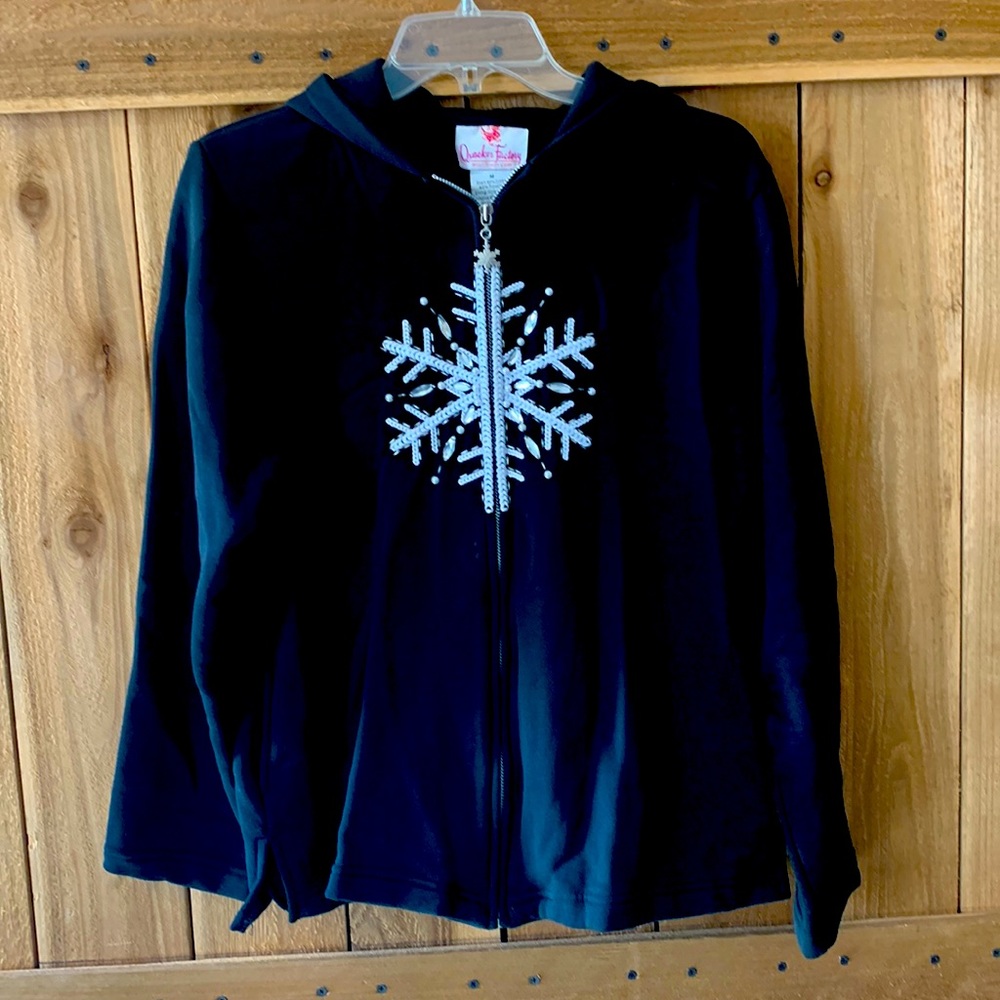 Woman’s Black Hoodie With Snowflake Design By Quaker Factory Size M